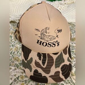 Vintage NISSIN ‘99 HOSS’S Fishing Trucker Cap SnapBack Brown Camo Trout Mesh